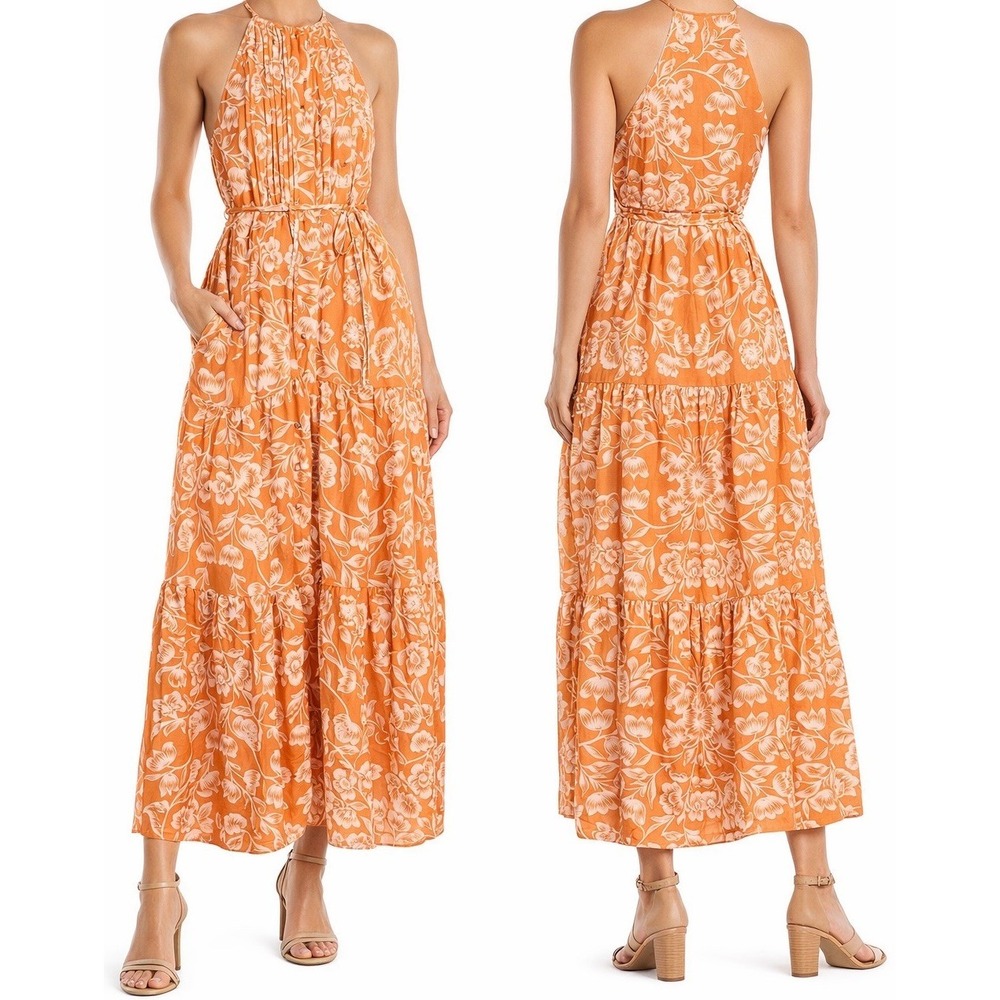 Hermoza Hilde Midi Dress Women Large Sicilian Blossom Floral Linen Blend Pleated